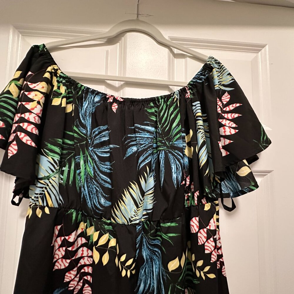 SHEIN Curve 3XL Black Tropical/Hawaiian Print Ruffle-Sleeve Dress — NWOT